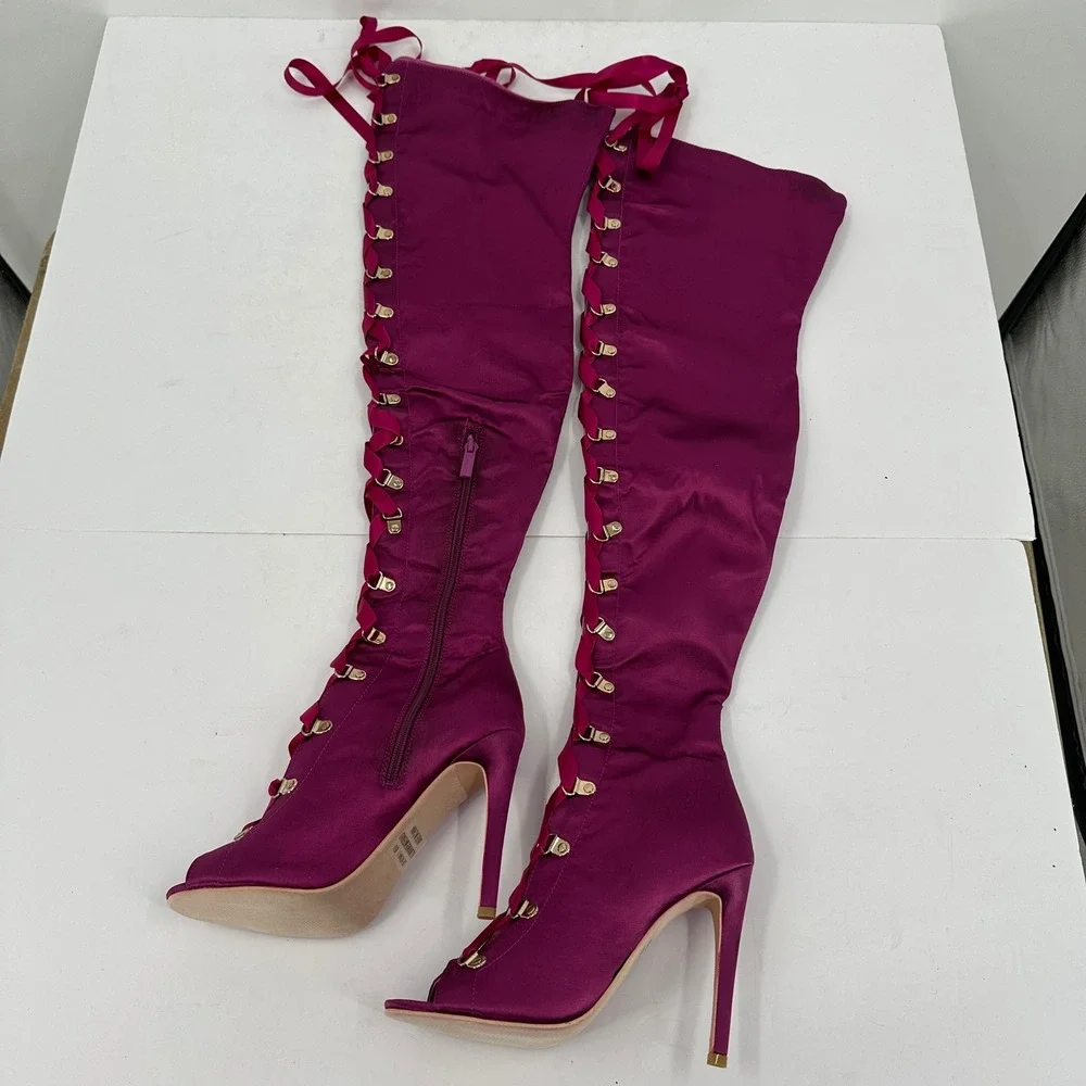 Womens‎ Hot Pink Satin Lace Up Thigh High Stiletto Heel Peep Toe Boots Size 6.5